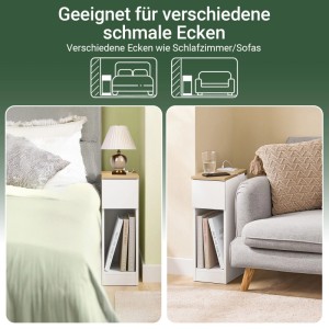Schmaler weißer Nachttisch 20cm mit Holzplatte, Ladestation, Schublade und offenem Fach, neben Bett und Sofa.