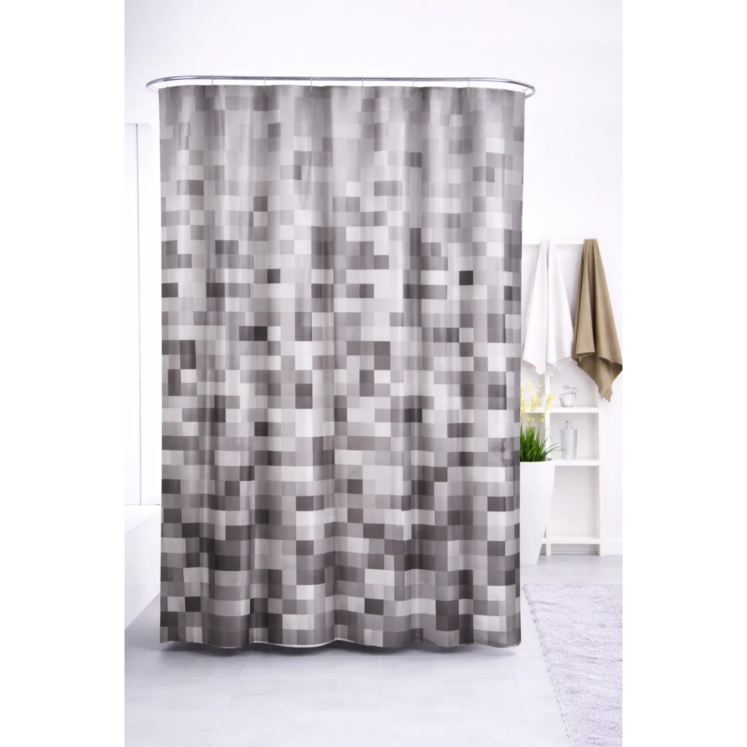 Euroshowers Duschvorhang mit Pixelmuster, inklusive Ringe und Ösen.