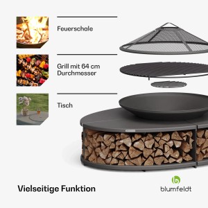 Blumfeldt Ebeko 3-in-1 Feuerschale mit Grillrost, Funkenschutz und Tischfunktion, Holzablage, schwarz.