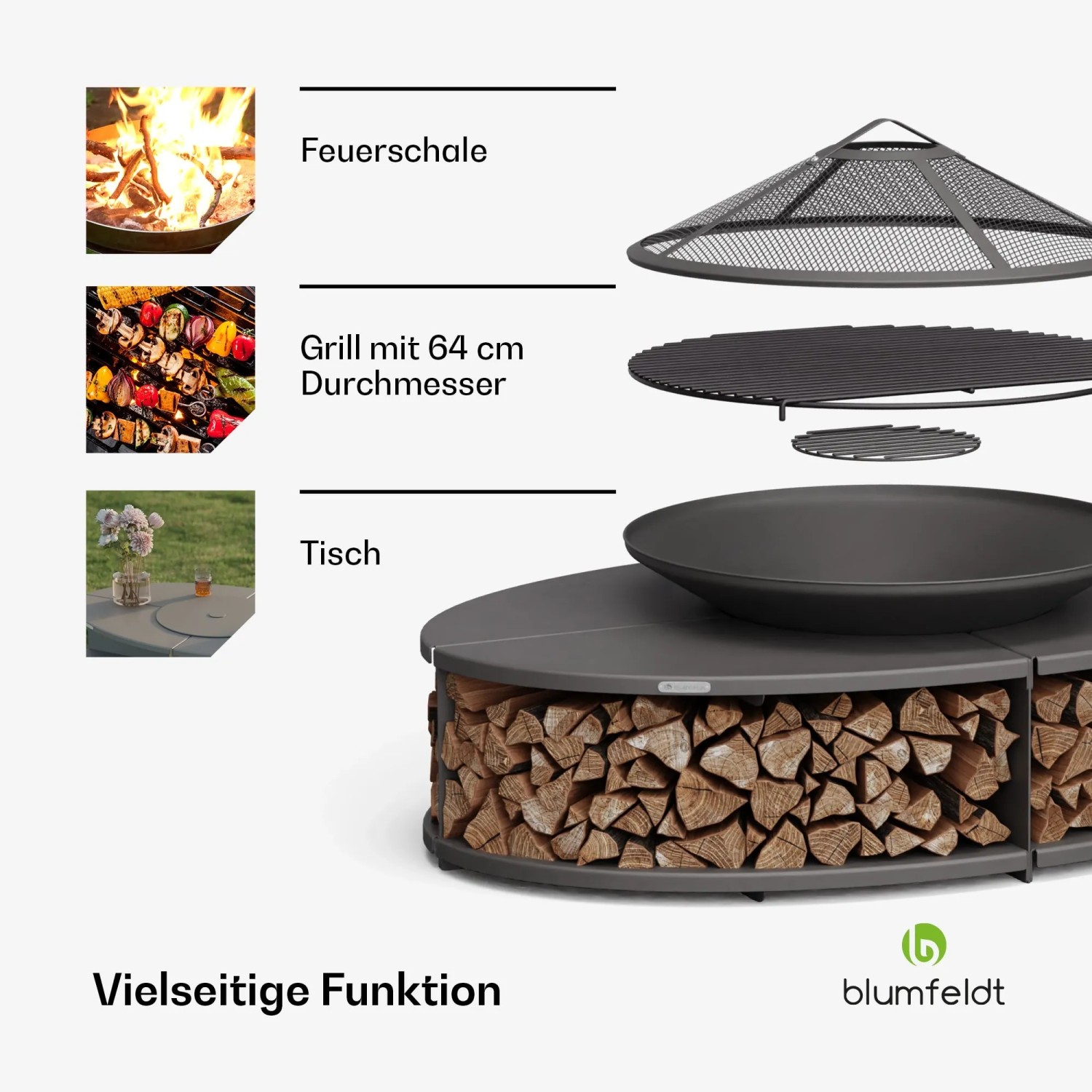 Blumfeldt Ebeko 3-in-1 Feuerschale mit Grillrost, Funkenschutz und Tischfunktion, Holzablage, schwarz.