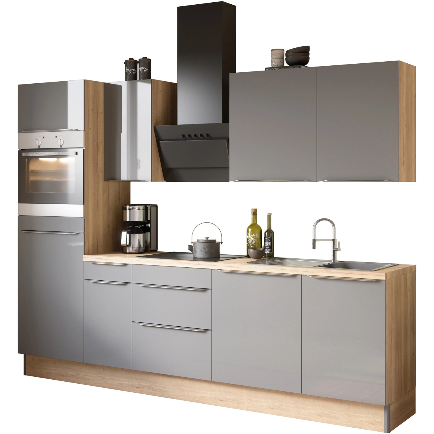 Moderne Optifit Küchenzeile Linus, 270 cm, in Anthrazit und Wildeiche Nachbildung.