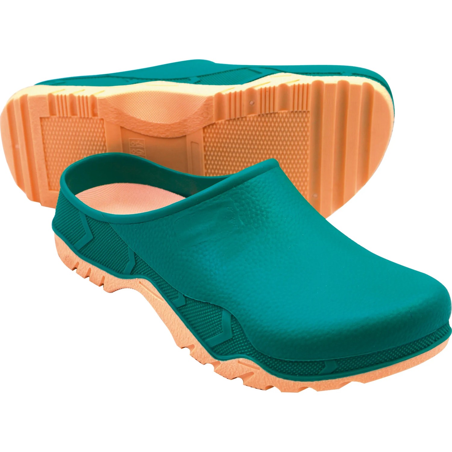 Grün-braune Gartenclogs, Größe 45/46, ideal für Gartenarbeit und Freizeit.