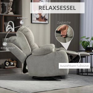 Grauer Relaxsessel mit Liegefunktion, Wippfunktion und ausziehbarer Fußstütze.