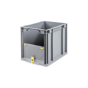 Graue Eurobox NextGen mit gelbem Schiebedeckel, 30 Liter. Ideal zur Aufbewahrung und Transport.