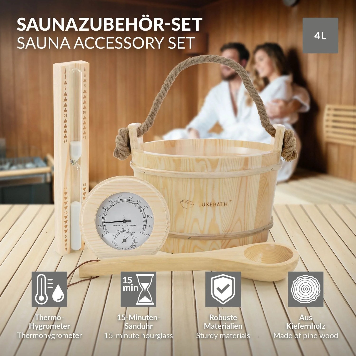LuxeBath Saunazubehör Set 4 Teilig aus Holz Saunaeimer 4L Saunakelle Thermometer-Hygrometer Sanduhr_2