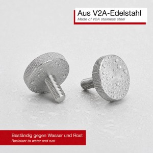 Zwei SOTECH Rändelschrauben M3 aus V2A Edelstahl, flacher Kopf, mit Wassertropfen. Rostfrei und griffig.