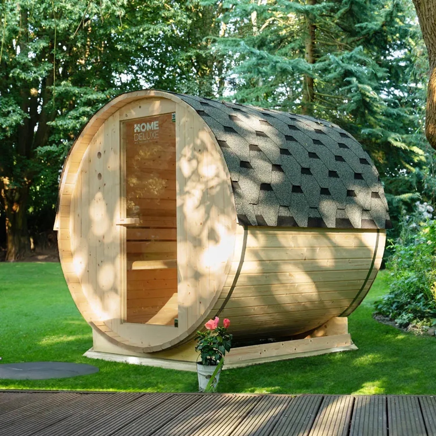 Home Deluxe Fasssauna Lahti Deluxe XL mit Ofen im Garten, Fichtenholz, Glas Tür.
