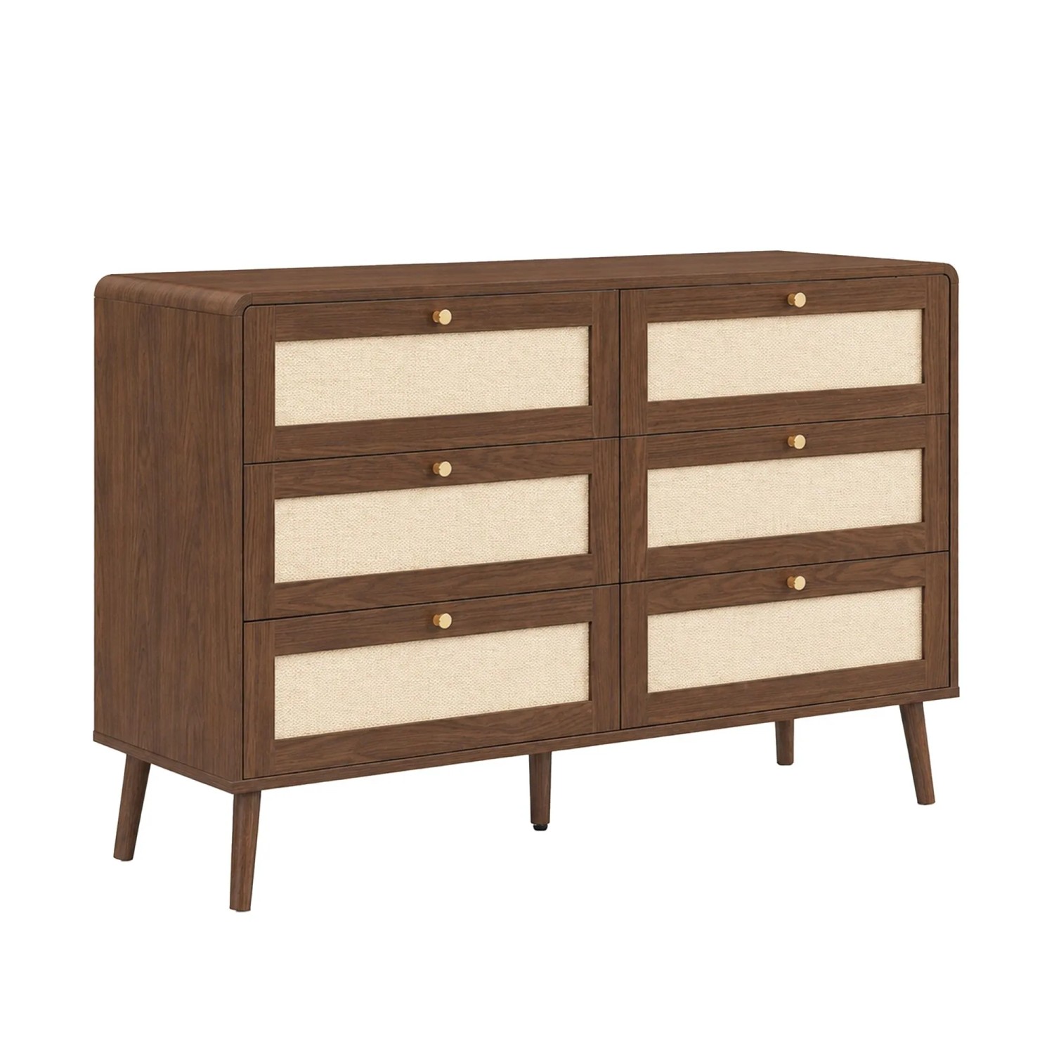 ModernLuxe Kommode 120 cm mit 6 Schubladen Rattan Walnuss Abgerundete Ecken