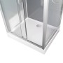 Rechteckige Duschbox mit weißer Duschwanne, klarem Sicherheitsglas und Chromprofilen. Schiebetür sichtbar.