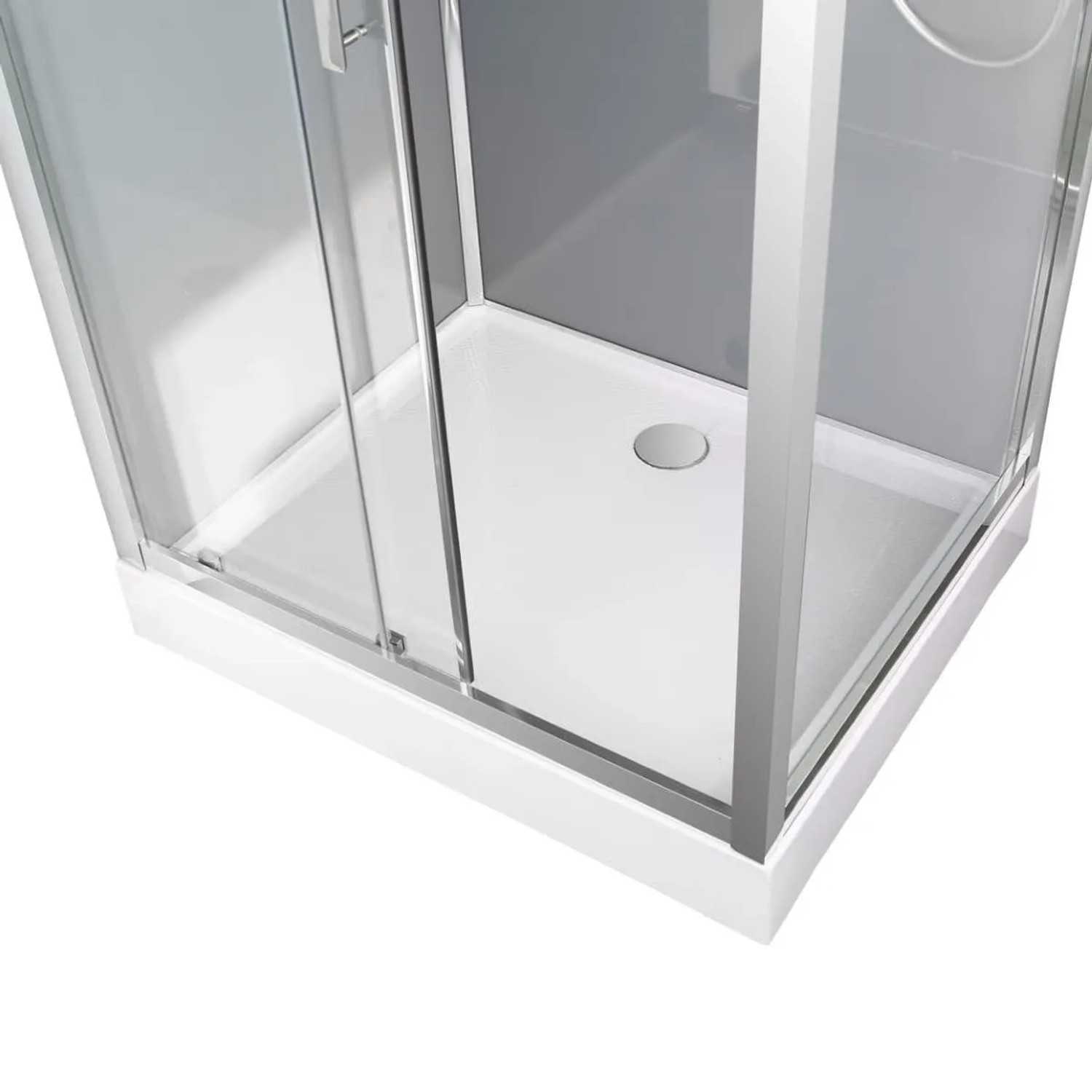 Rechteckige Duschbox mit weißer Duschwanne, klarem Sicherheitsglas und Chromprofilen. Schiebetür sichtbar.