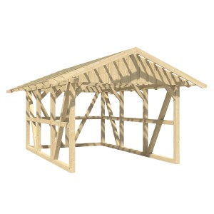 Skan Holz Carport Schwarzwald, naturbelassenes Holz mit Dachlattung und Rückwand. Carport mit Satteldach.