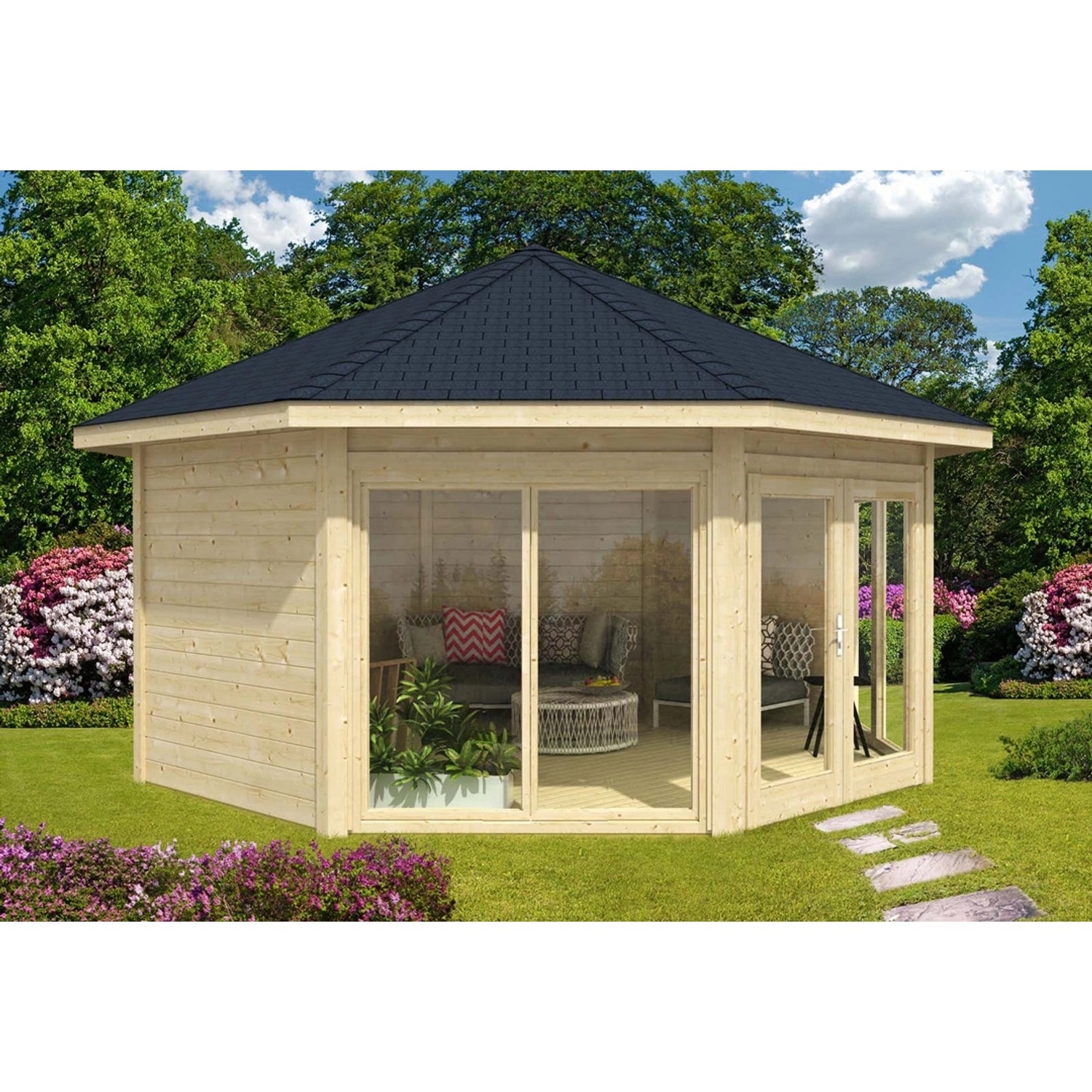 Alpholz Gartenhaus Rügen Spitzdach 519 cm x 519 cm Natur günstig online kaufen