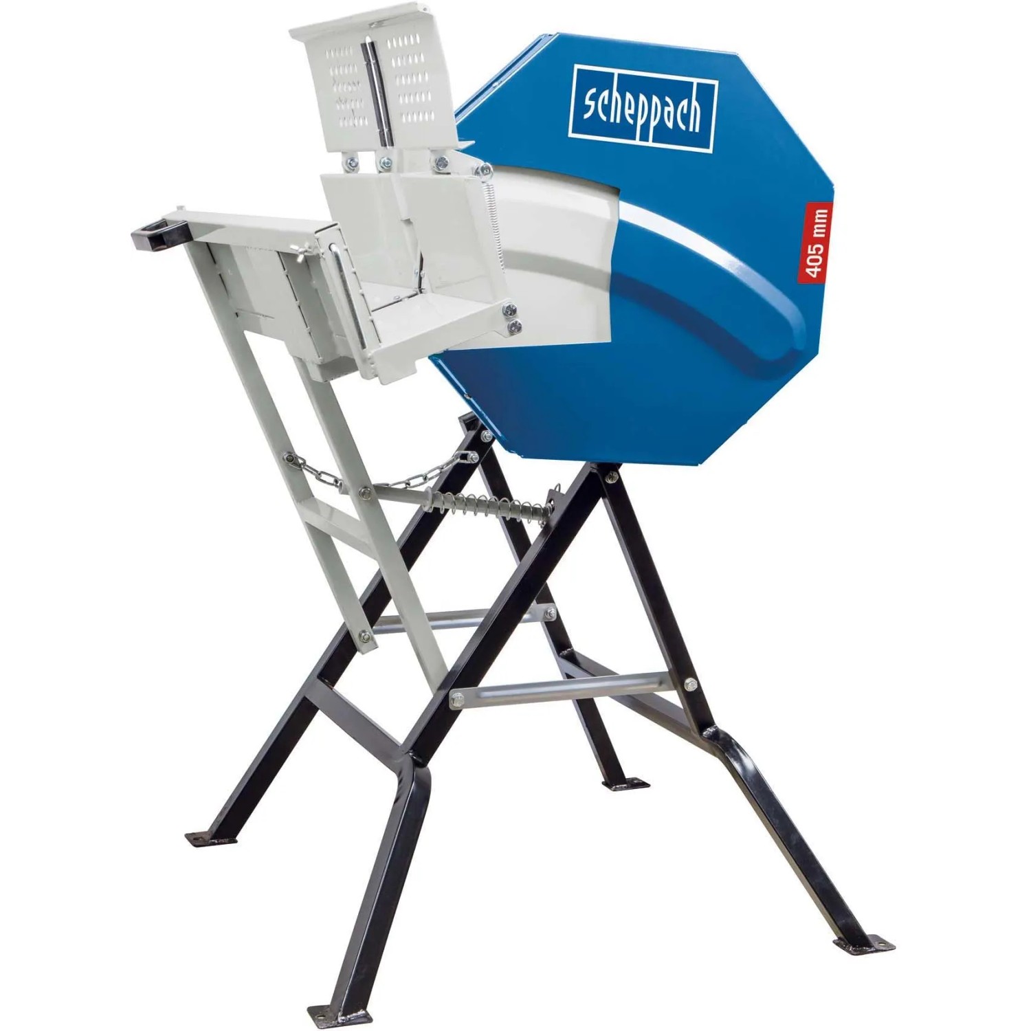 Scheppach Wippkreissäge HS410, 2200 W, mit blauem Gehäuse und weißer Wippe.