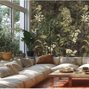 A.S. Creation Fototapete Natur Floral in Creme-Grün, zeigt Wohnraum mit Couch und floraler Wand.