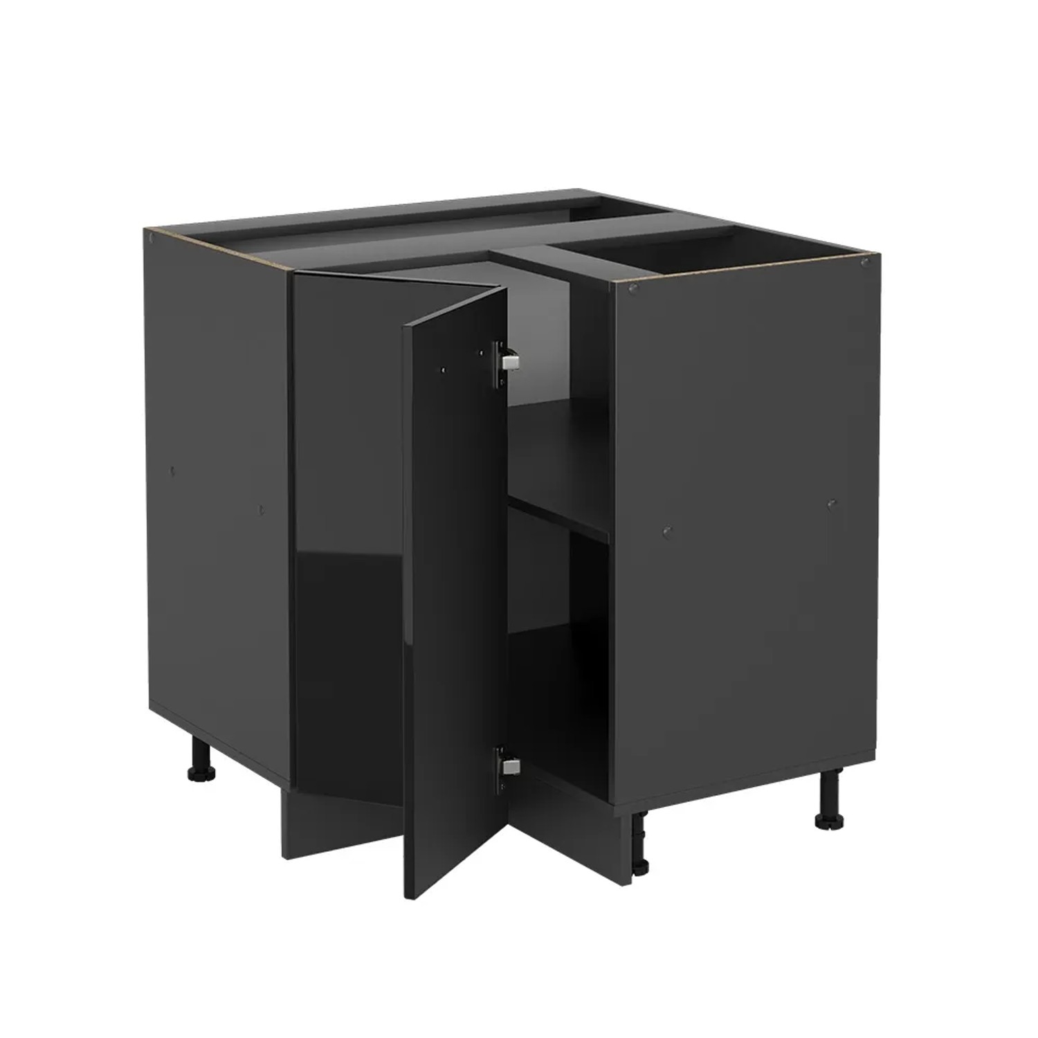 Vicco Eckunterschrank R-Line, schwarz hochglanz/anthrazit, 76 cm, mit geöffneter Tür.