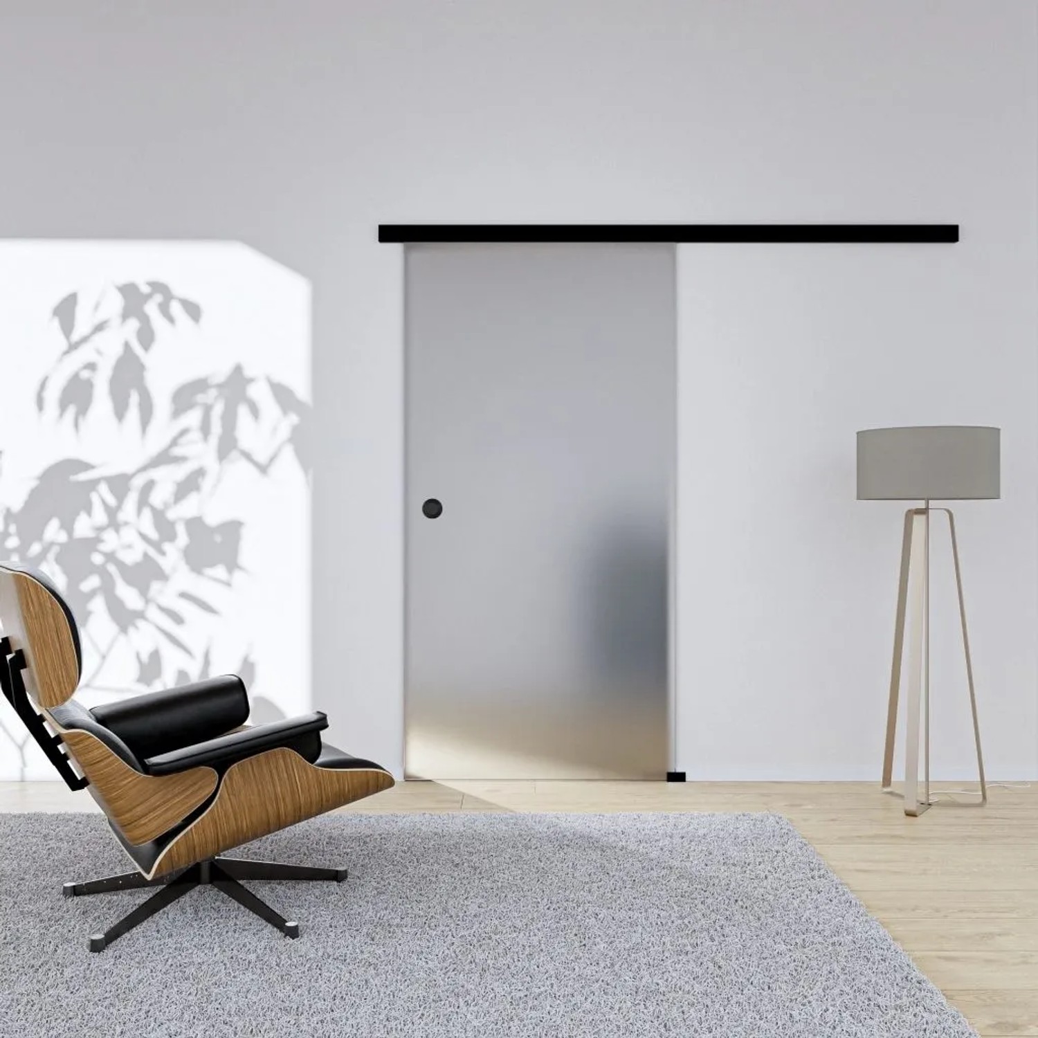 Hansaglas Glasschiebetür Satiniert 1025 x 2050 mm Komplettset Schwarz Muschelgriff SoftClose