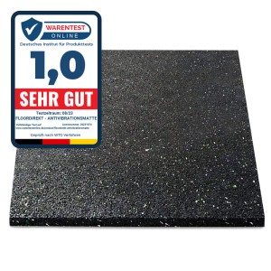 Schwarze KARAT Antivibrationsmatte/Schallschutzmatte (125x250 cm) mit Test-Siegel.