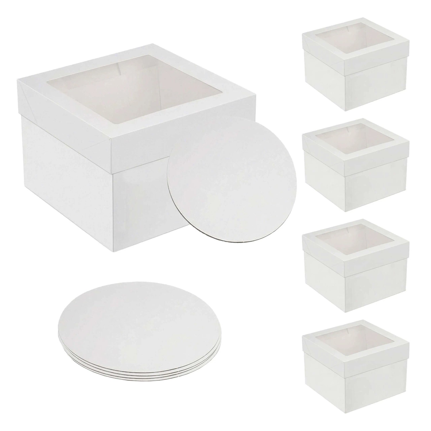 Relaxdays Tortenboxen Karton PET Weiß Transparent 5er Set mit Sichtfenster Inklusive Tortenboards 20 cm x 30 cm x 30 cm