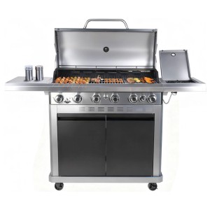 El Fuego Gasgrill Detroit 6+1 Brenner, Edelstahl, offen mit Grillgut auf Gusseisenrost, Seitenbrenner, Rollen.