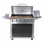 El Fuego Gasgrill Detroit 6+1 Brenner, Edelstahl, offen mit Grillgut auf Gusseisenrost, Seitenbrenner, Rollen.
