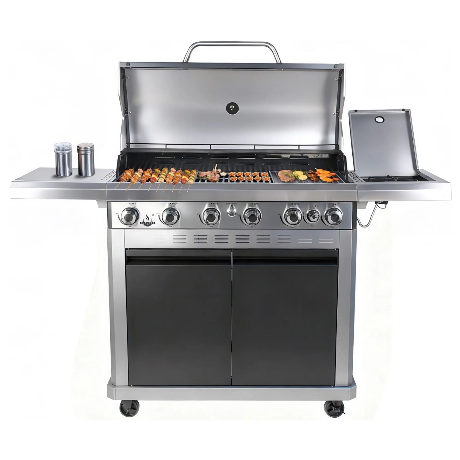 El Fuego Gasgrill Detroit 6+1 Brenner, Edelstahl, offen mit Grillgut auf Gusseisenrost, Seitenbrenner, Rollen.