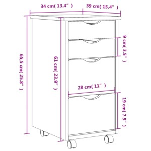 Weißer Rollschrank MOSS mit 4 Schubladen aus Kiefernholz, Büroschrank mit Rollen.