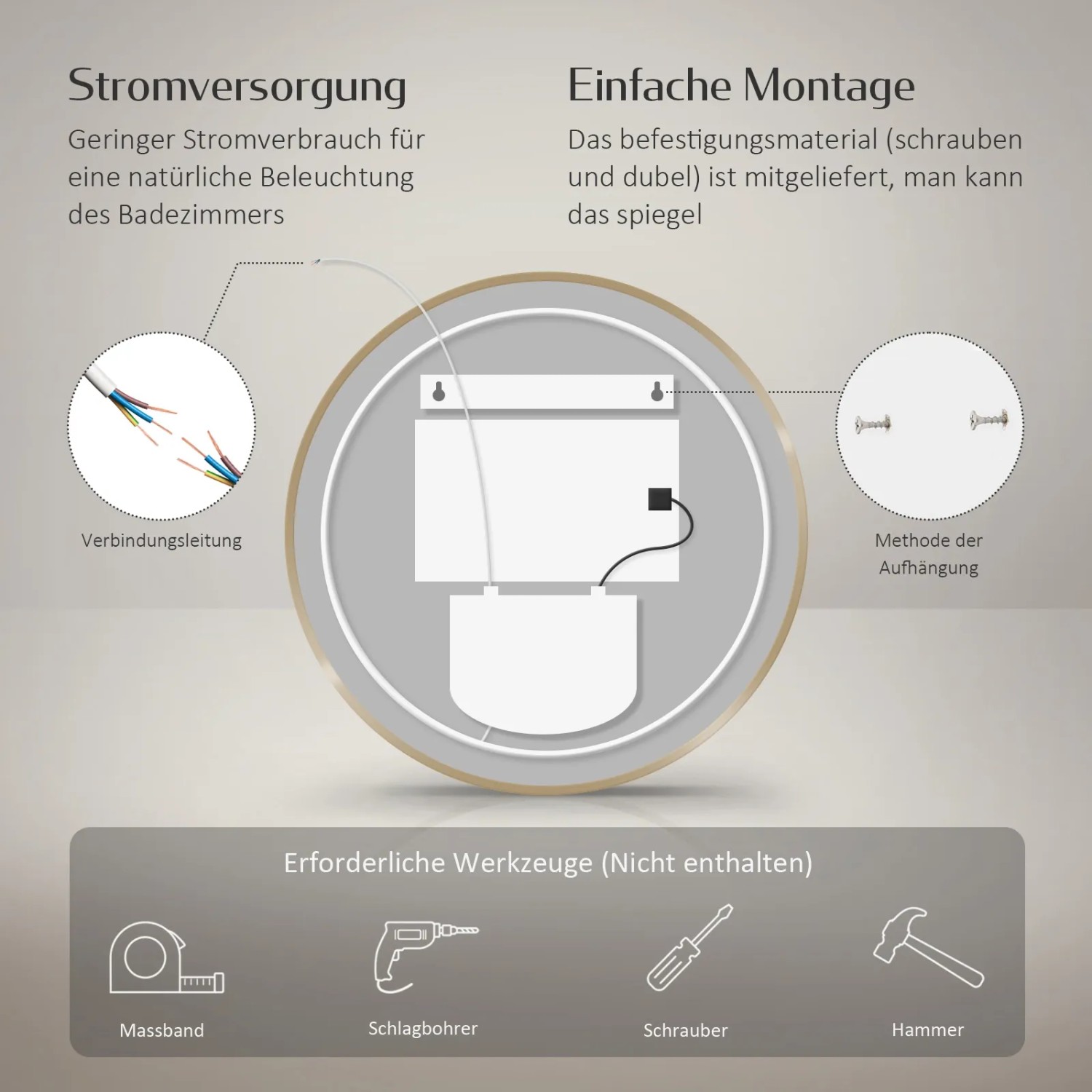 Montagehinweis: Emke LED Badspiegel rund, 70 cm, mit Befestigungsmaterial und Werkzeugsymbolen.