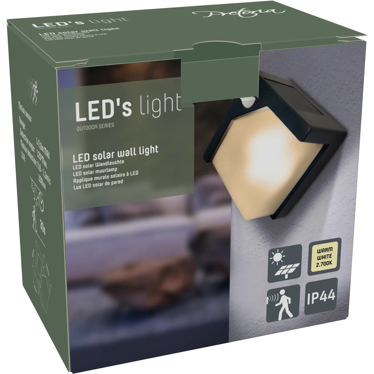 Solar-Wandleuchte Pretoria, 1W, schwarz, mit Sensor. Ideal für den Außenbereich.