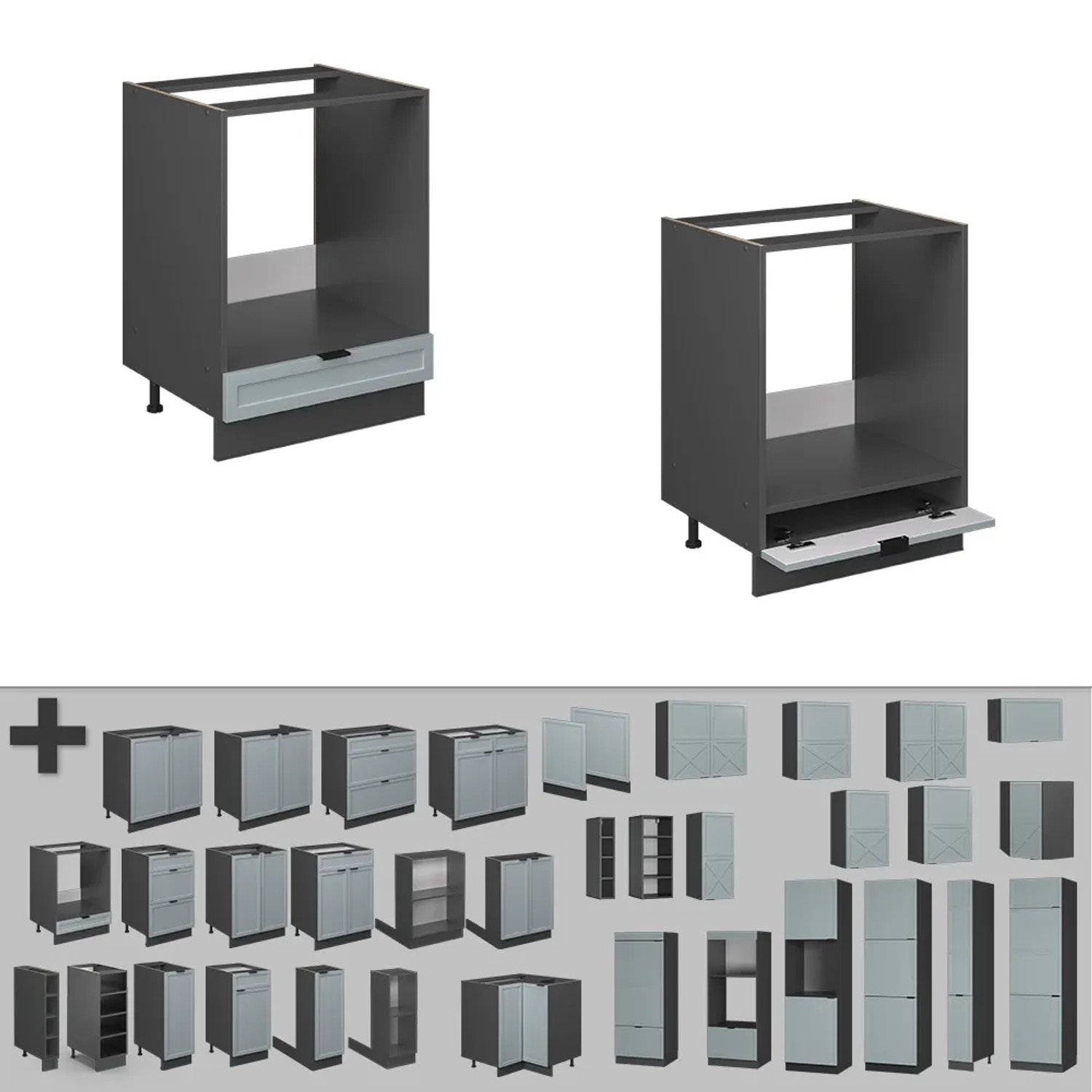 Vicco Fame-Line Herdumbauschrank, hellblau-graue Front, Eiche Arbeitsplatte, 60 cm breit. Küchenschrank mit Stauraum.