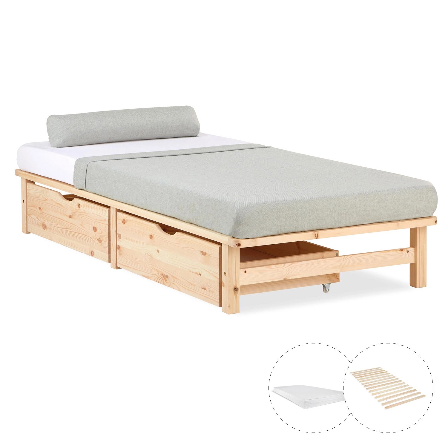 Homestyle4u Holzbett Jugendbett Palettenbett 90x200 mit Matratze 2 Bettkästen Natur Futonbett 3039