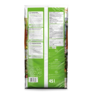 Rückseite eines 45L Sack GROW by OBI Blumenerde, torffrei, für Zimmer-, Balkon- und Gartenpflanzen.