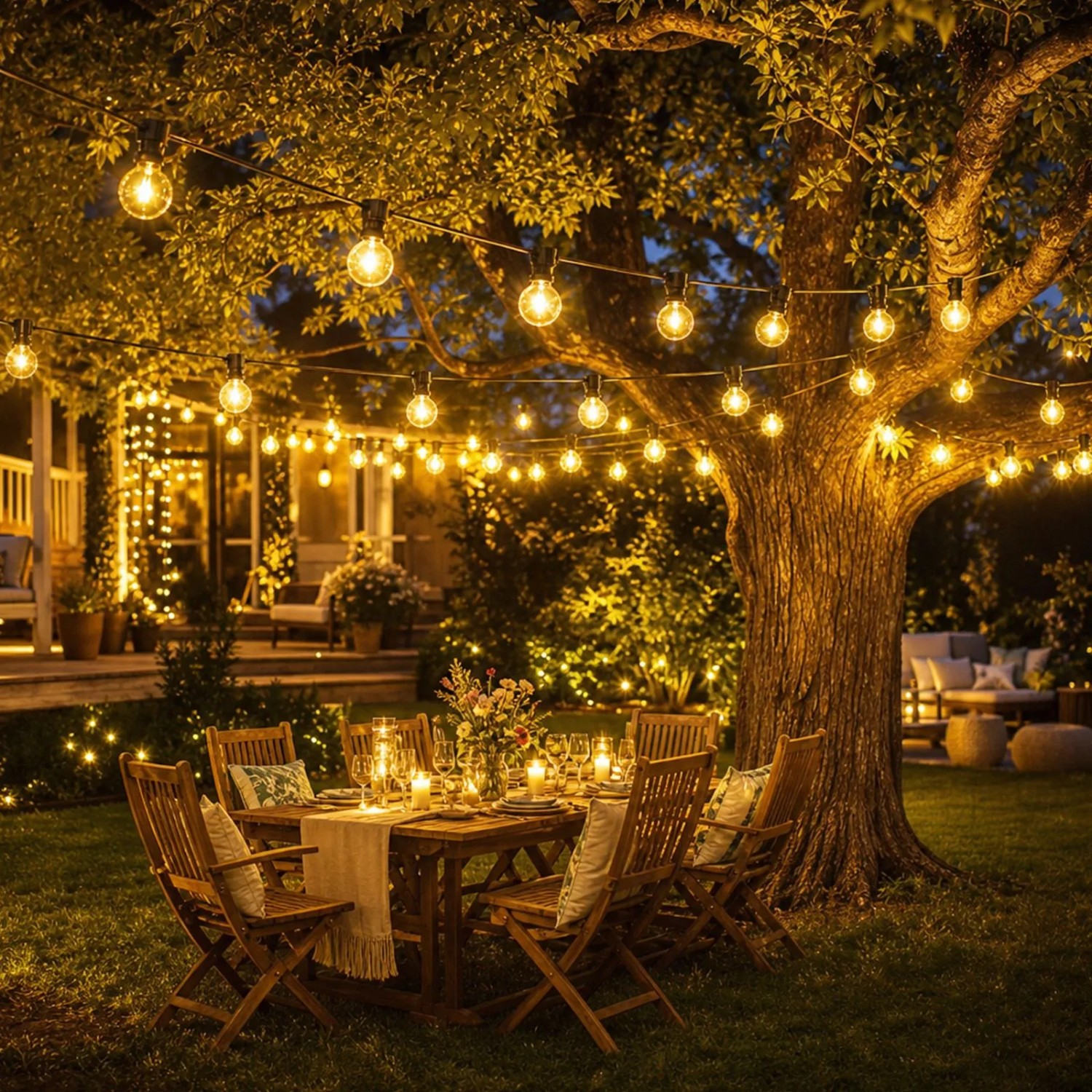 Solar G40 LED Lichterkette mit warmweißem Licht im Garten. Dekorative Glühbirnenkette für gemütliche Außenbereiche.