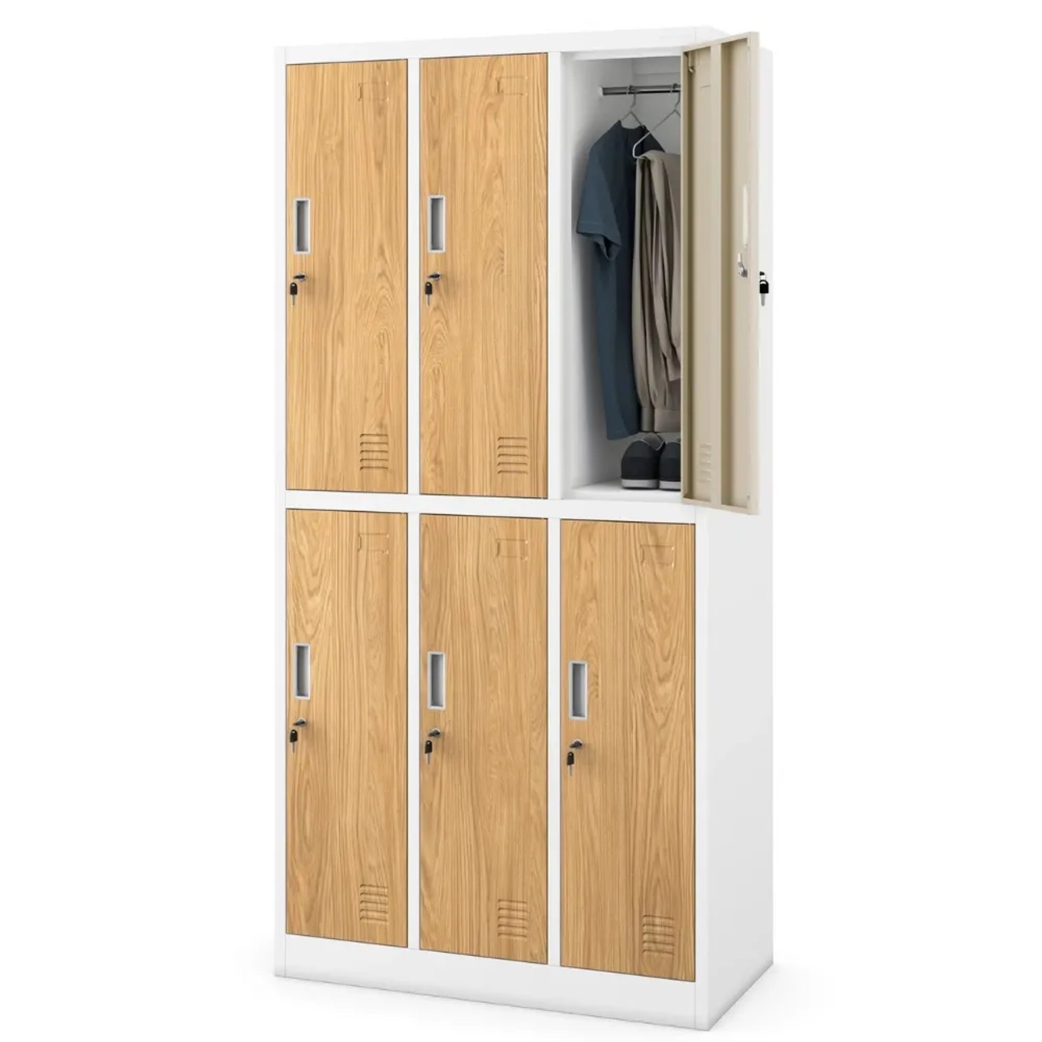 JAN NOWAK Umkleideschrank Spind IGOR 6 Abteile Etikettenhalter Lüftungsschlitze Umkleidespind 185x90x45cm Weiß-Goldene Eiche