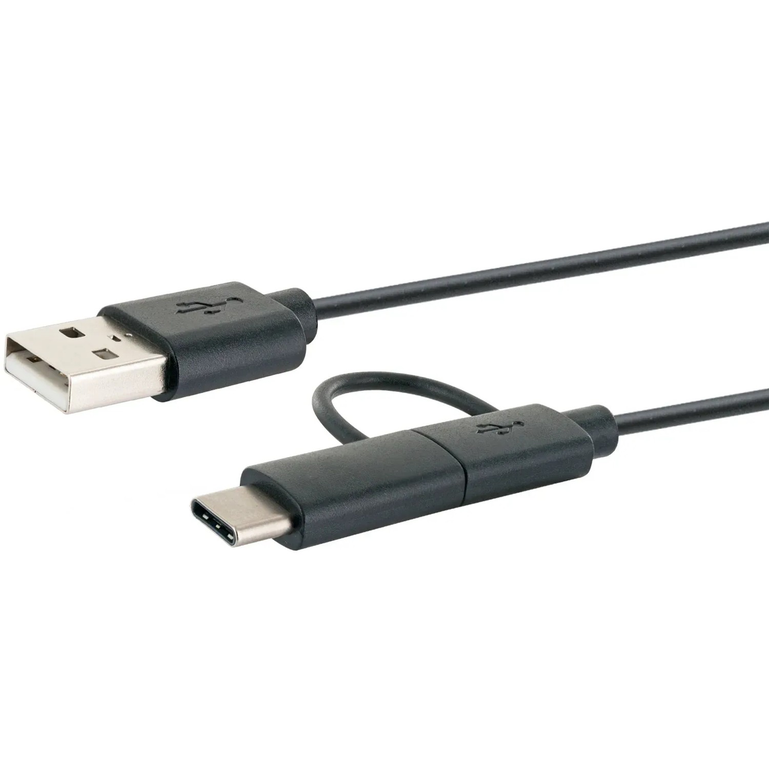 Schwarzes Schwaiger USB-Kabel: USB-C auf Micro-USB, 1m, zum Laden und Synchronisieren.