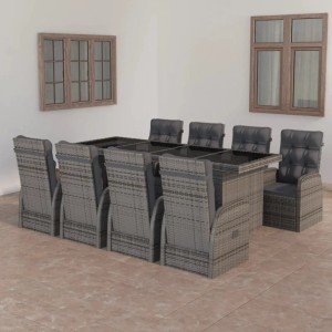 Graue 9-tlg. vidaXL Garten-Essgruppe aus Polyrattan mit Tisch, Stühlen und Kissen.