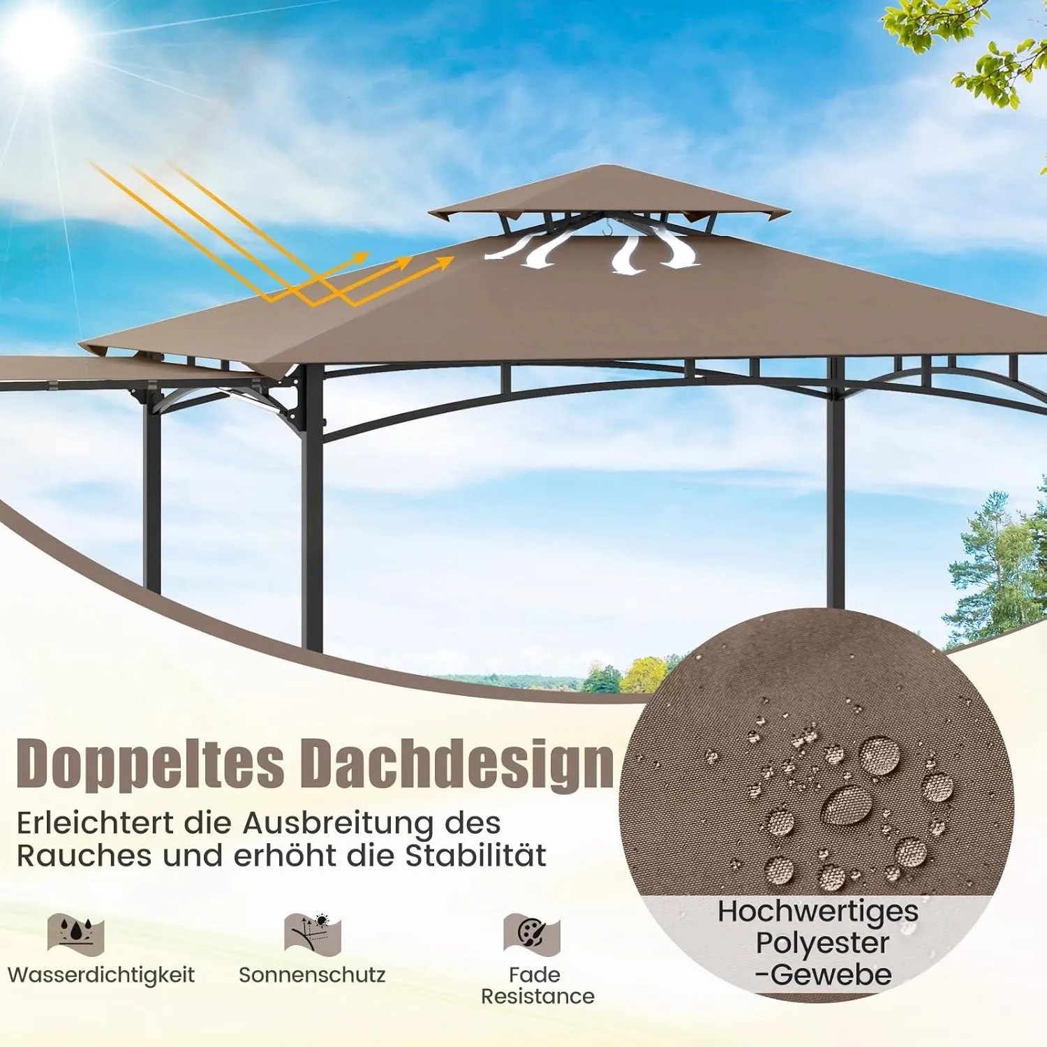 Costway Grillpavillon mit Seitenmarkise Doppeldach 318x153x250 cm Braun_5