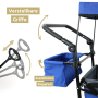 Detailaufnahme: Verstellbare Griffe und Klappfach am blauen deluxe4home Bollerwagen.