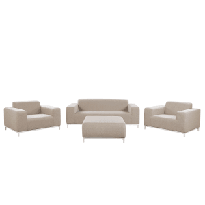 Beliani Lounge Set ROVIGO Sandbeige: 3-Sitzer Sofa, 2 Sessel, Ottomane. Modernes 4-teiliges Gartenmöbel Set mit Aluminiumgestell.