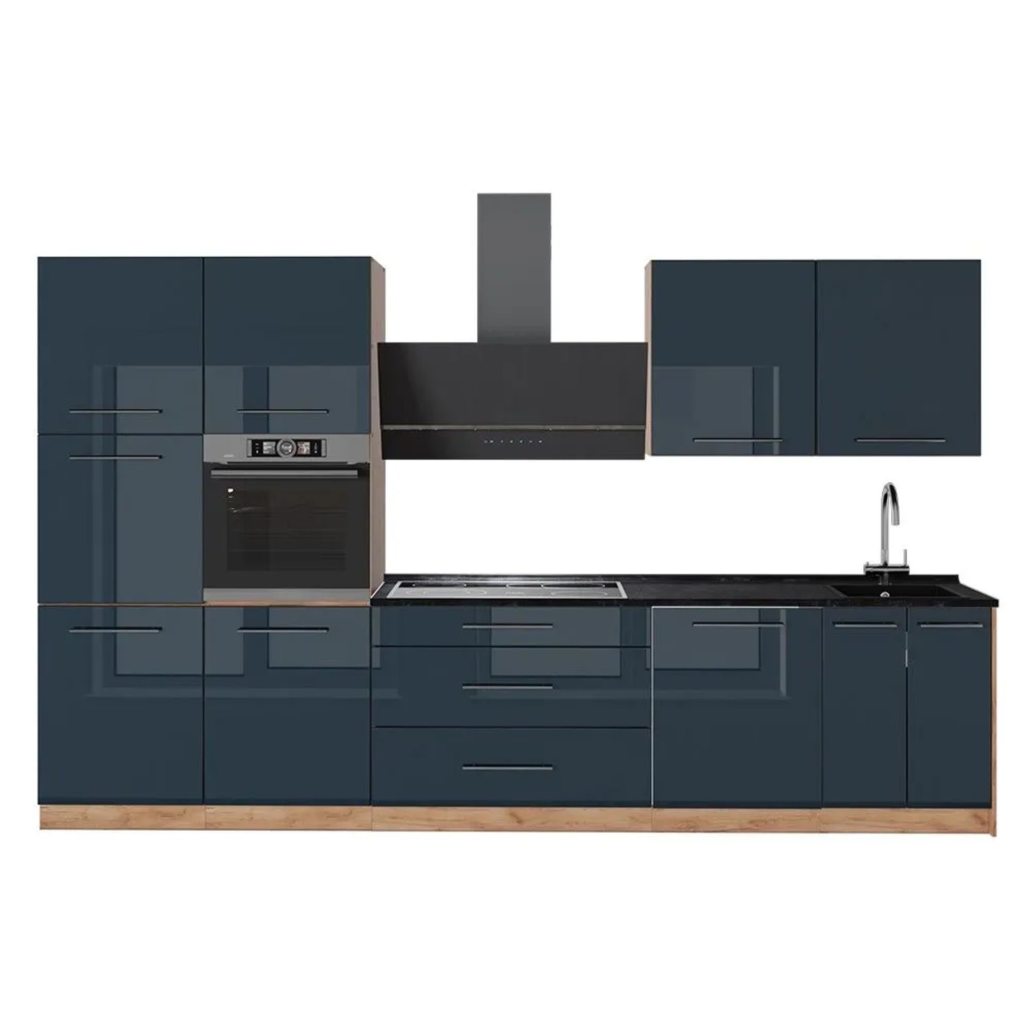 Vicco Küchenzeile Fame-Line Dunkelblau Hochglanz/Goldkraft Eiche 340 x 207 AP Anthrazit Art Nr 65755
