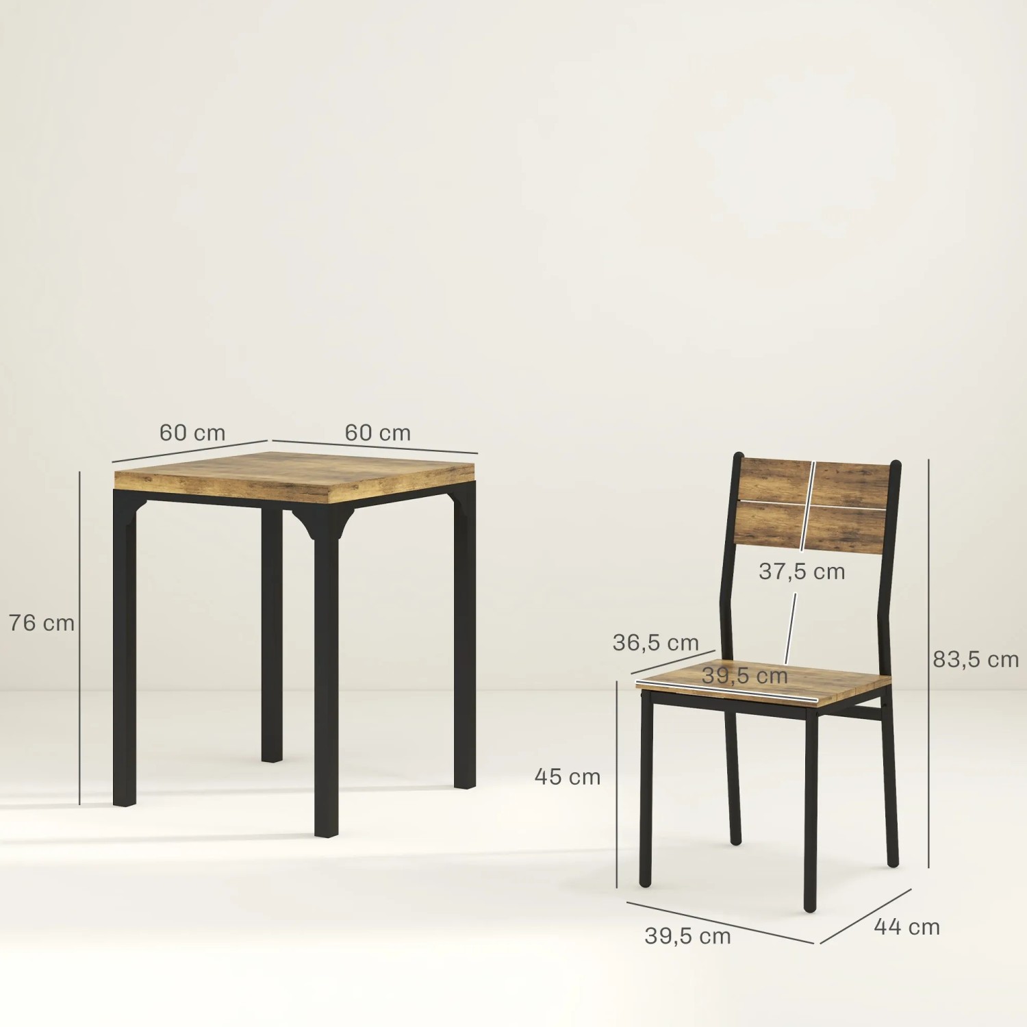 HOMCOM Essgruppe im Landhausstil: Tisch (60x60 cm) und Stuhl mit Metallgestell in Rustikal-Braun.