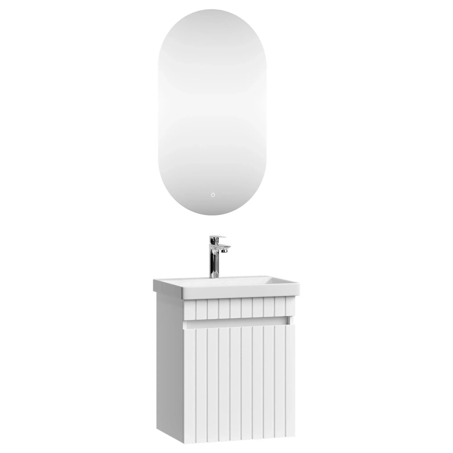 Planetmöbel COSMIA Waschtischunterschrank 50 cm Weiß Matt mit Keramikwaschbecken Tür LED Spiegel Armatur Chrom Soft Close