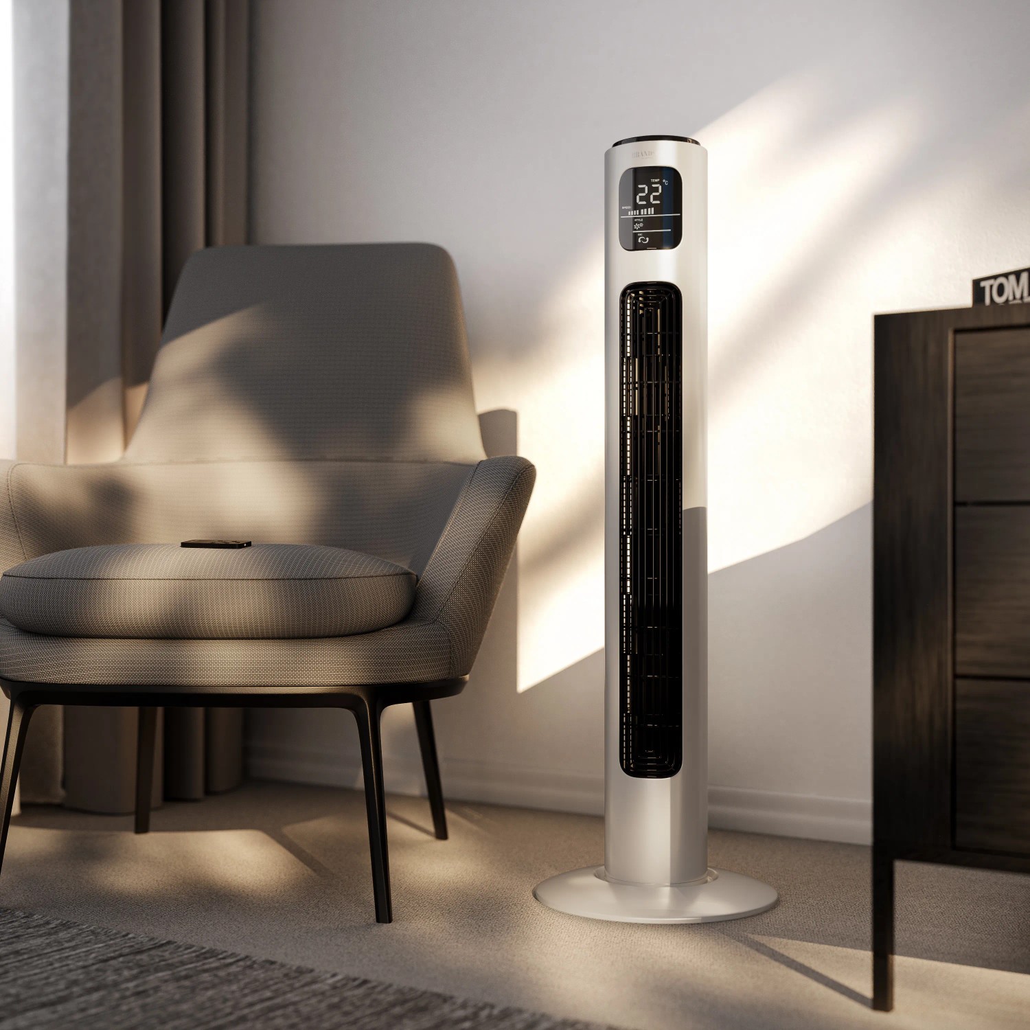 Brandson Turmventilator, 96cm, mit Fernbedienung und LED-Display im Wohnraum.