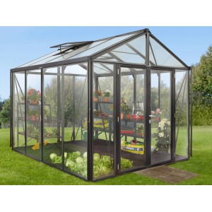 Schwarzes Vitavia Gewächshaus Zeus Comfort 8100 mit ESG/HKP Verglasung und Dachfenstern.