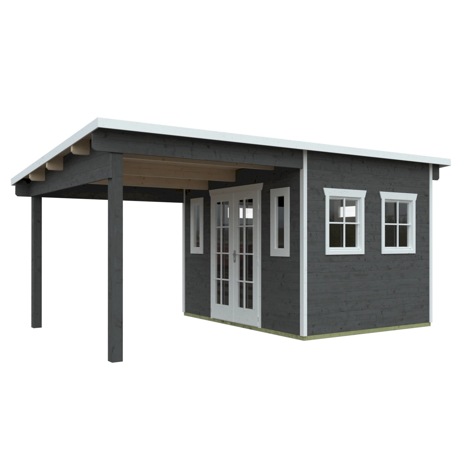 Schiefergraues Skan Holz Gartenhaus Dilbeek mit seitlicher Überdachung und Doppeltür.