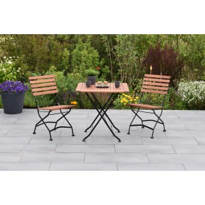Merxx Schlossgarten Gartenmöbel-Set, 3-teilig: Klapptisch (75x75 cm) und 2 Klappstühle aus Eukalyptusholz und Stahl.