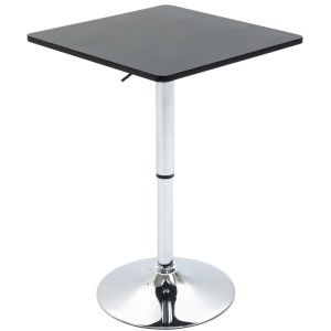 Schwarzer quadratischer Bartisch, höhenverstellbar, mit silbernem Standfuß und runder Chrombasis.