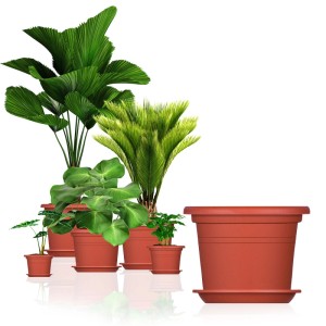 BigDean 5X Blumentopf Ø 40 cm Farbe Terrakotta & Untersetzer Kunststoff Pflanztopf Containertopf Übertopf Pflanzkübel rund 40 x 28 cm Blumentöpfe