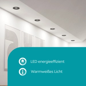 Schwarze EGLO LED-Einbaustrahler GU10 (Ø9cm) in weißer Decke. Modernes Design, warmweißes Licht, energieeffizient.