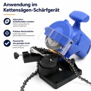 Wiltec Diamant-Schleifscheibe 100mm/20mm im Einsatz an blauem Kettensägen-Schärfgerät, Funken sprühen.