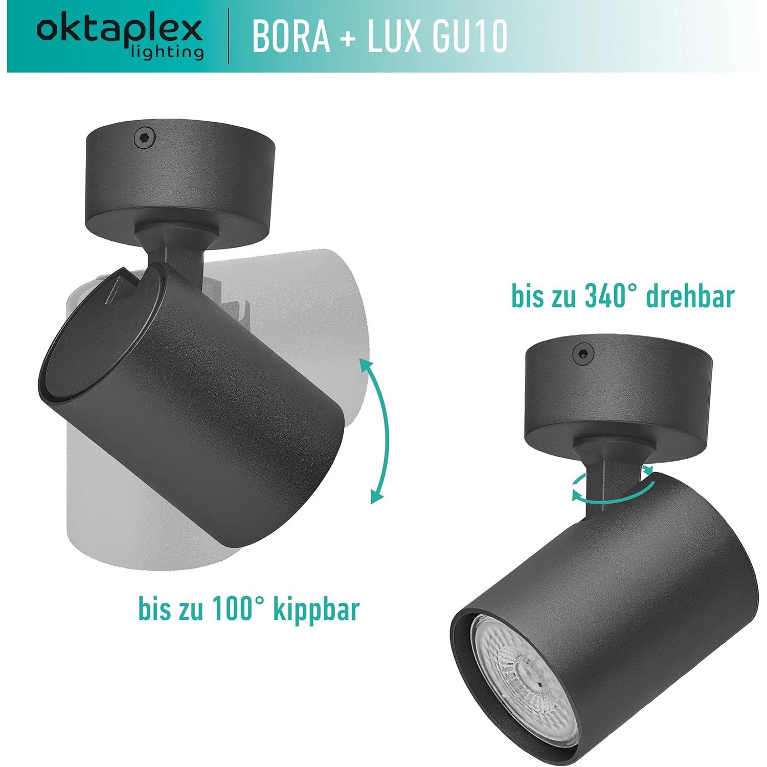 Oktaplex Bora Deckenleuchte, schwarz, schwenkbar. Aluminium Spot mit GU10 Leuchtmittel.